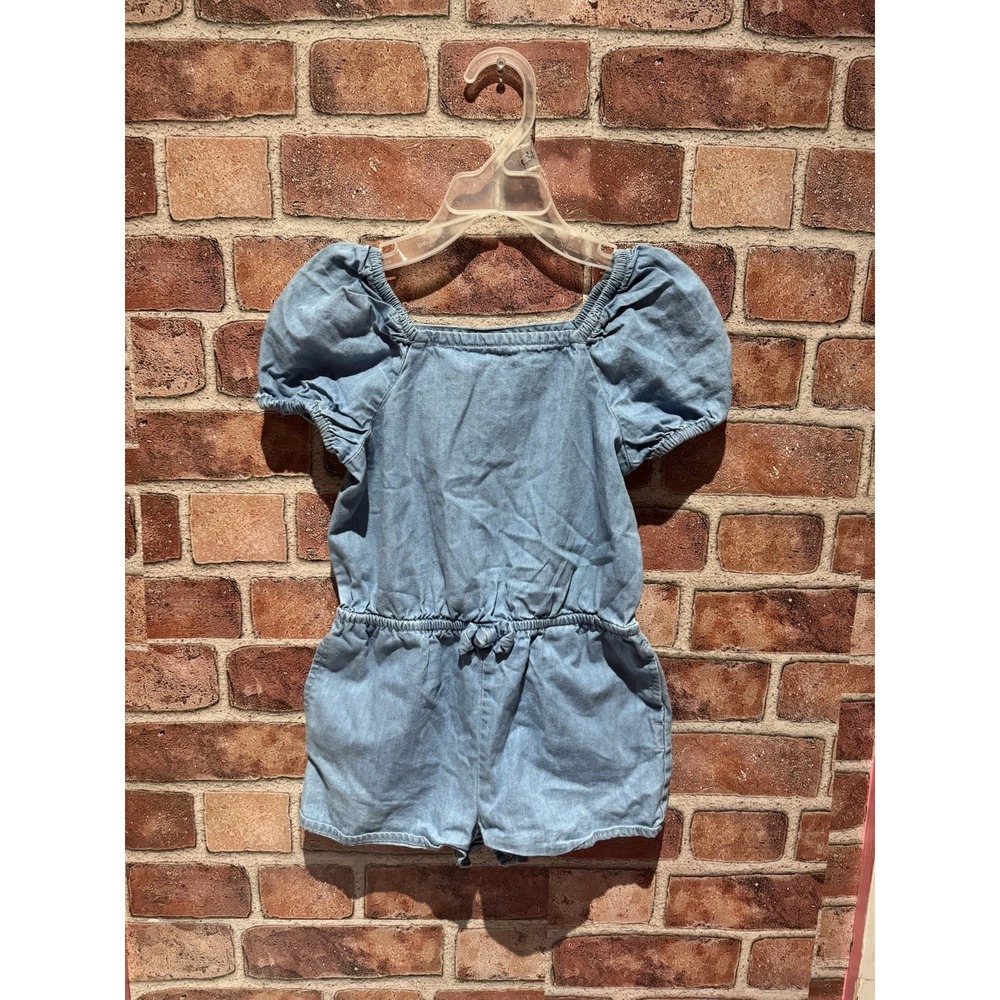 Cat&Jack Blue Denim Romper Girls 3T Ruffle Slv Short Bottom Pockets Drawstring‎